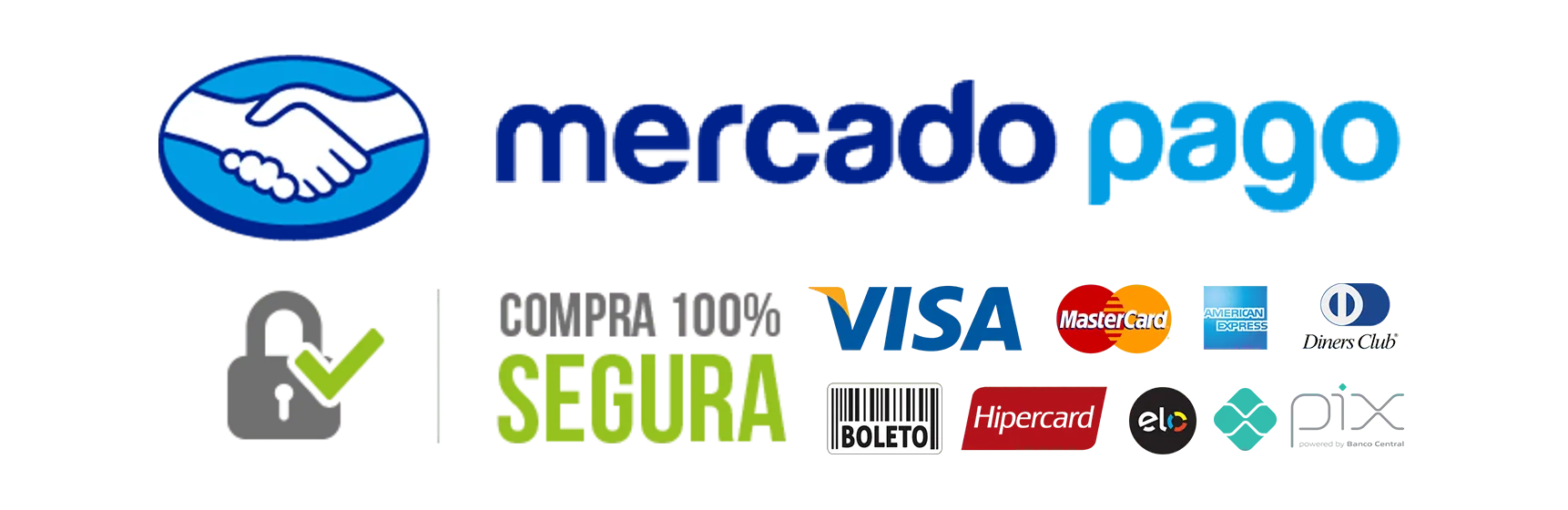 Formas de pagamento aceitas: Mercado Pago, Pix, boleto, Visa, Mastercard, American Express, Diners Club, Hipercard e Elo